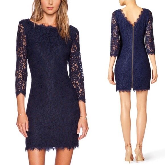 EUC Diane von Furstenberg Zarita Long Sleeve Zipper Back Lace Dress in Navy Sz 6 - Picture 3 of 14